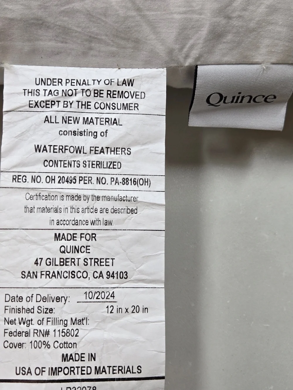 QUINCE Set Of 3 12x20 Premium Feather Pillow Inserts 0016